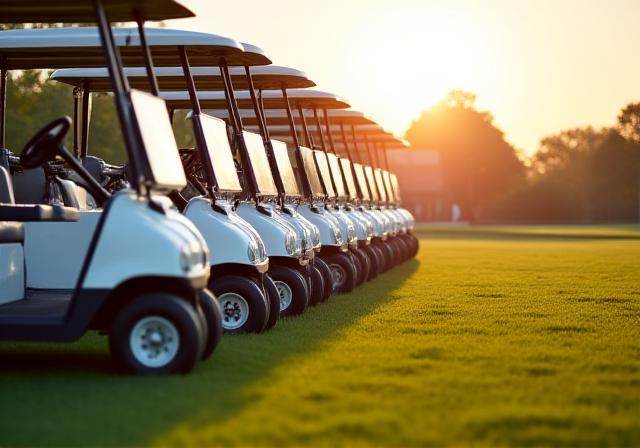Fila di moderni golf cart elettrici pronti per il noleggio